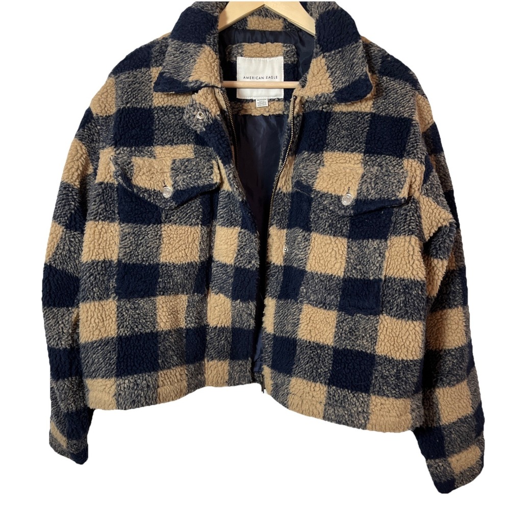 American Eagle Sherpa Jacket XS Navy Tan Buffalo Plaid Zip Up Fleece‎ Teddy Coat